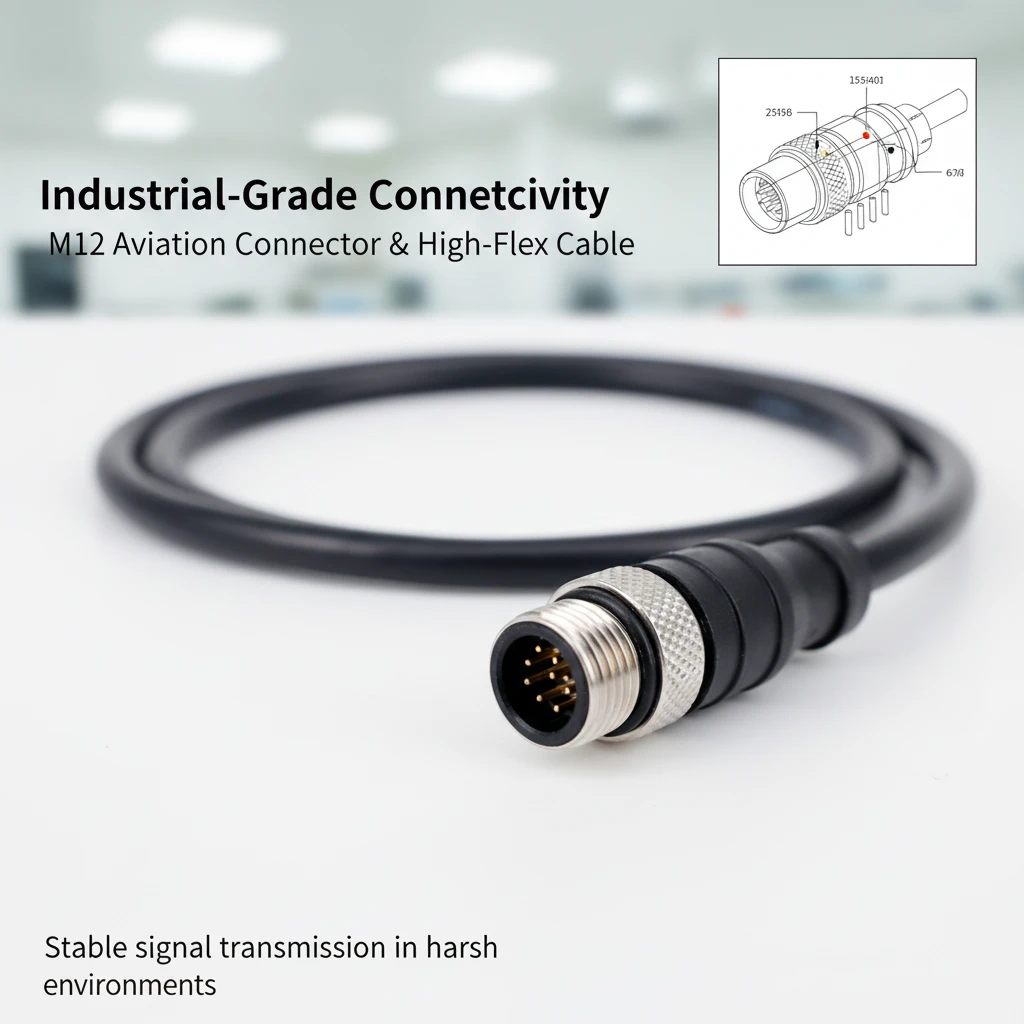 M12 Aviation Connector Cable, High-Flex Industrial Sensor Cable, 4/5/8 Pin, IP67 Waterproof