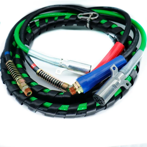 12FT 3 in 1 Semi Truck Air Hose Kit ABS 7 Way Electrical Cable and Rubber Air Line Hose Wrap Assembly for Tractor Trailer