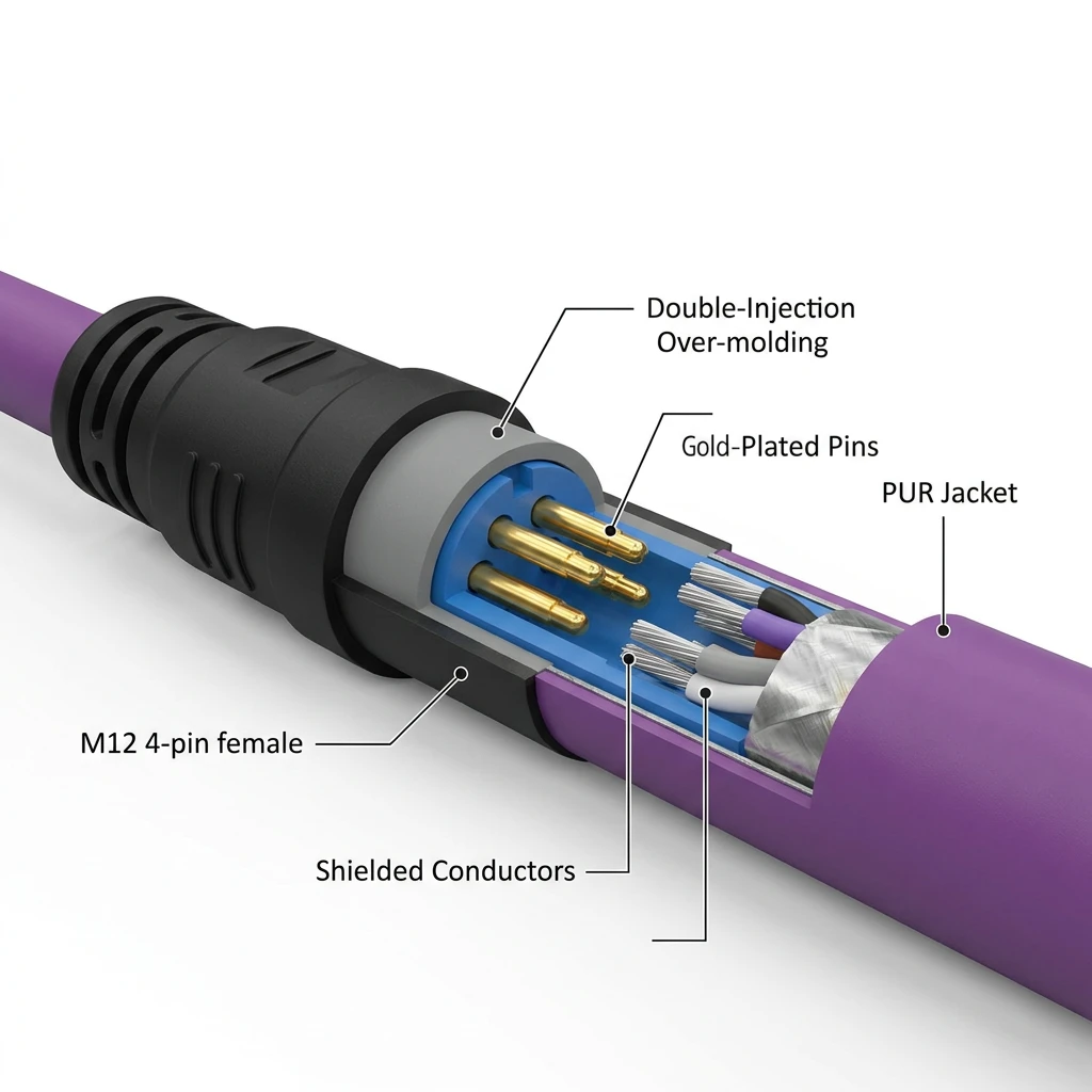 IP69K Waterproof M12 Sensor Cable: 4/5/8 Pin A-Coding, High-Flex PUR Jacket, 316L SS Nut, Washdown Resistant for Food Industry