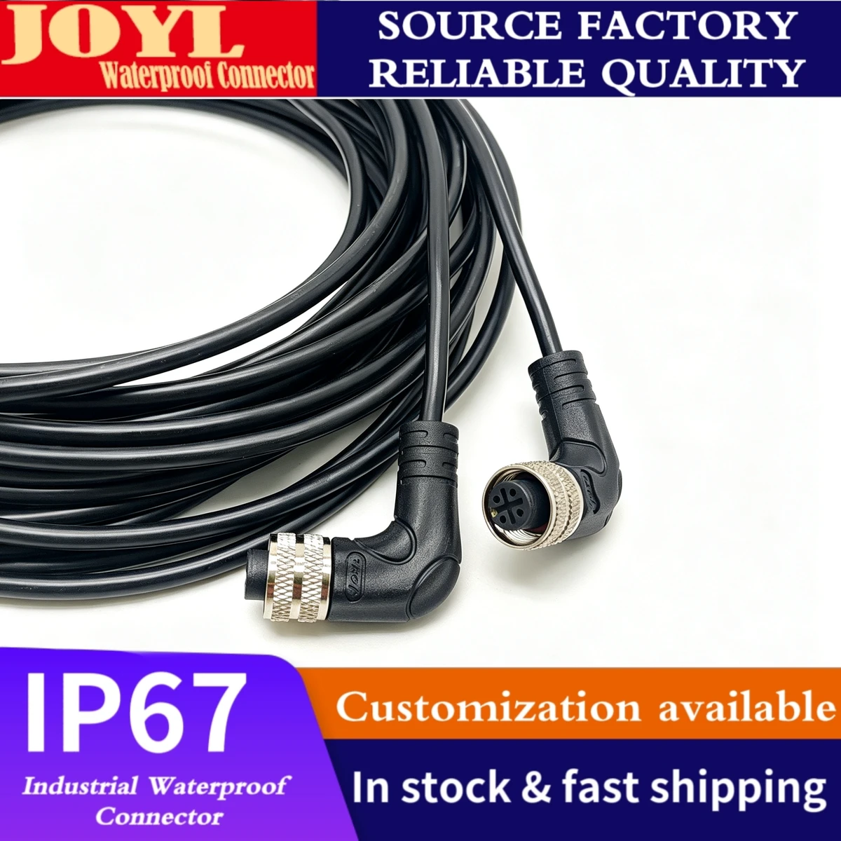 M12 4-Pin Angled Copper IP67 Waterproof Shielded Cable Connector Male/Female Extension Sensor Signal Power Solar Power System
