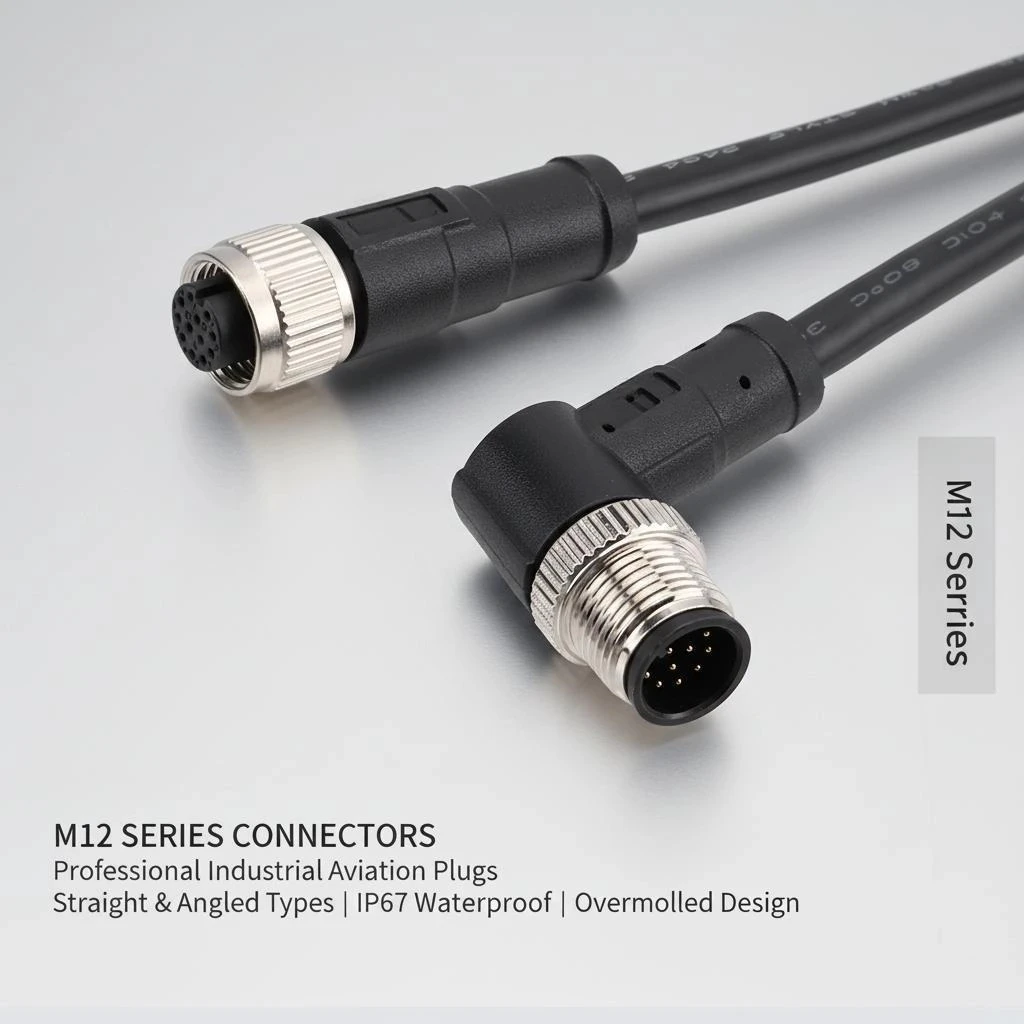 M12 Industrial Cable Connector, Straight & Angled 4/8 Pin IP67 Waterproof Aviation Plug for Sensor