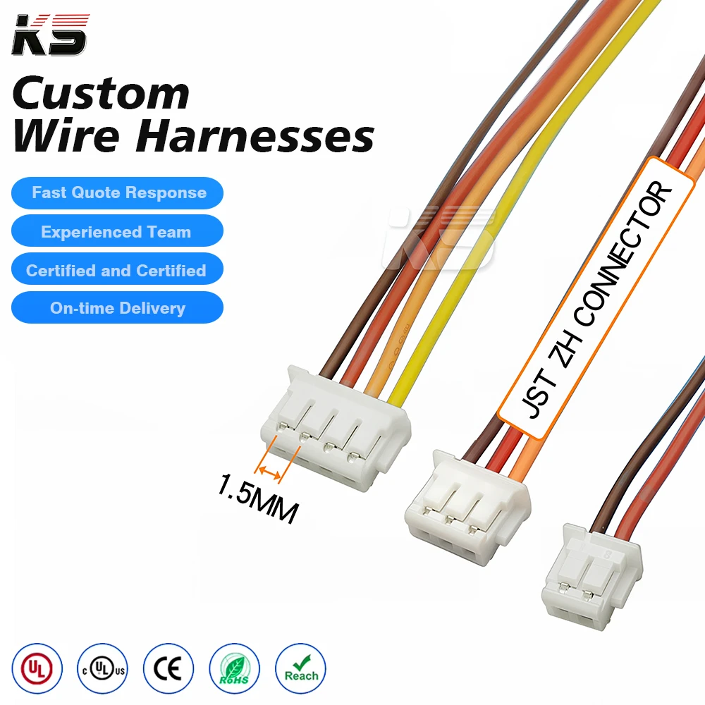 1.5mm Pitch Connector Custom Jst Extension Zh Zhr Connector De 2 3 4 5 6 7 8 10 13 Pin White Female Wire Harness Cable Assembly