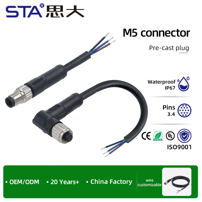 M5 Aviation Plug 3 4 Pin Male/female Sensor Straight Angled Overmolded Molding IP67 Waterproof Connector Cable PVC TPU 1M 2M 3M