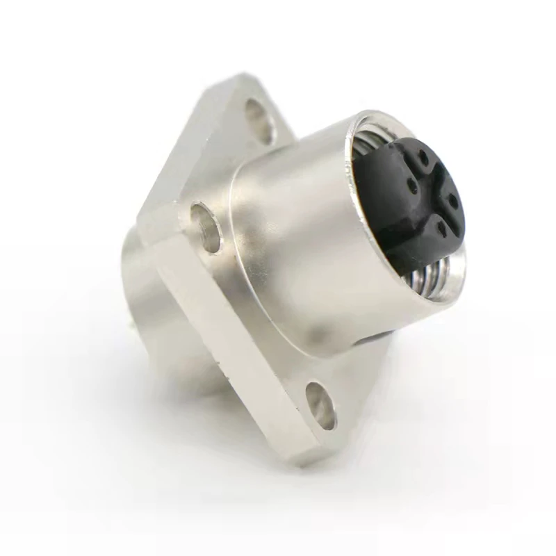 M12 Circular Aluminum Panel Installation 4 Pin Straight Female 4-Hole Flange Mount Aviation Connector Receptacles 12V IP67