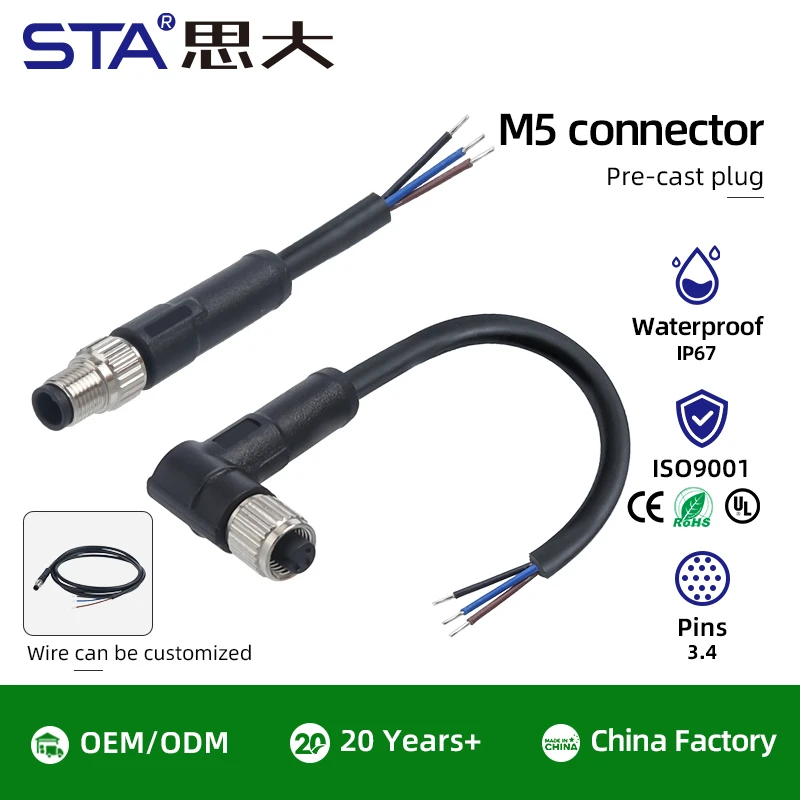 M5 IP67 Right Angle Straight 3 Pin 4pin Male Female Waterproof Sensor Connector PVC PUR Cable Leads