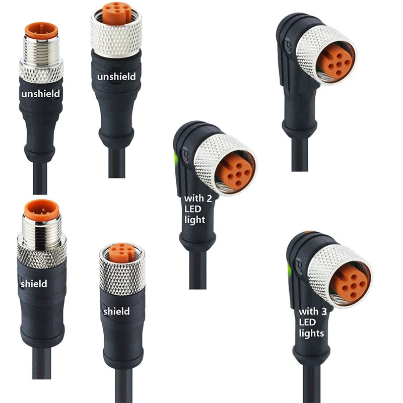M12 Sensor Cordset (Single End) Code 3/4/5/6/8/12pin Male Straight Angled PUR/PVC Shielded/Unshielded With/Without LED IP67