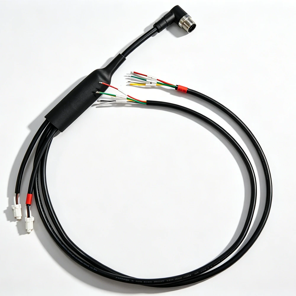 90 Degree M12 12Pin Male Cable Y Splitter Wire Harness Open End & JST Terminal Custom Cable Assembly Industrial Sensor Cable
