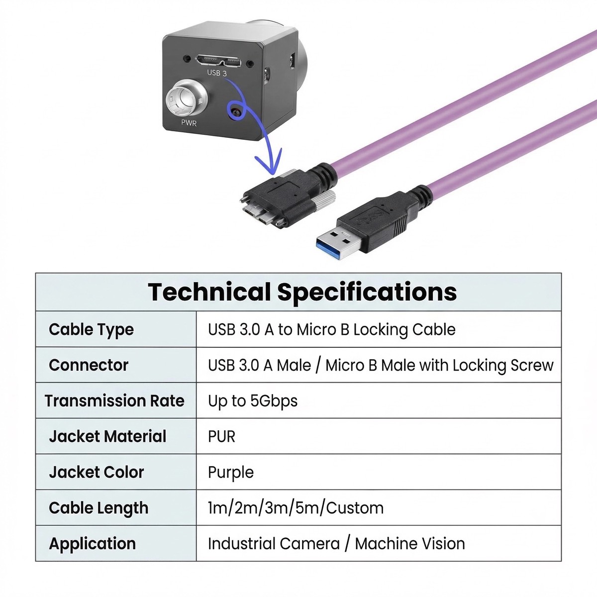 High Speed USB 3.0 Locking Cable for Machine Vision Systems 5Gbps Data Cable