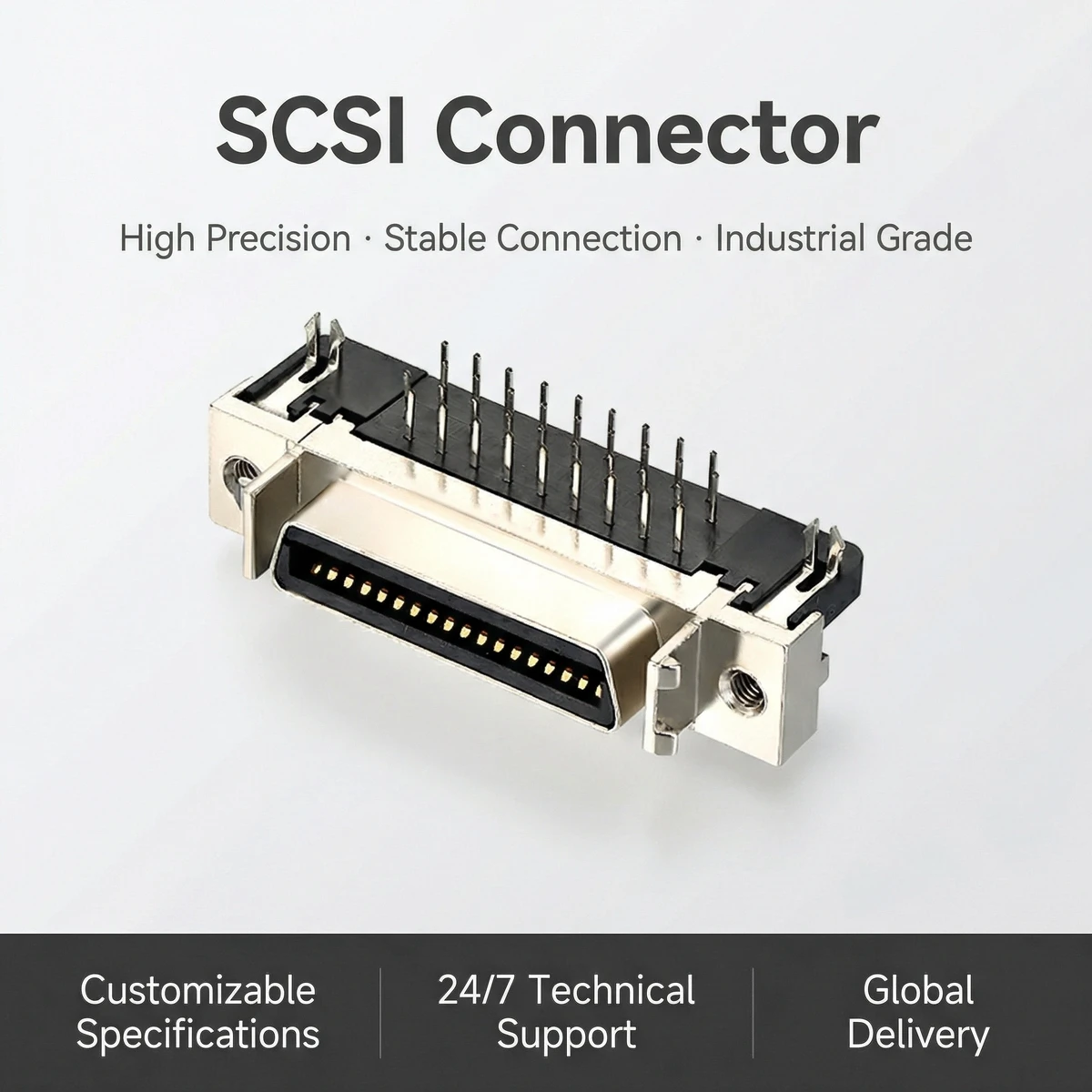 50-Pin Female SCSI Connector Vertical DIP Socket with 1.27mm Pitch for PCB