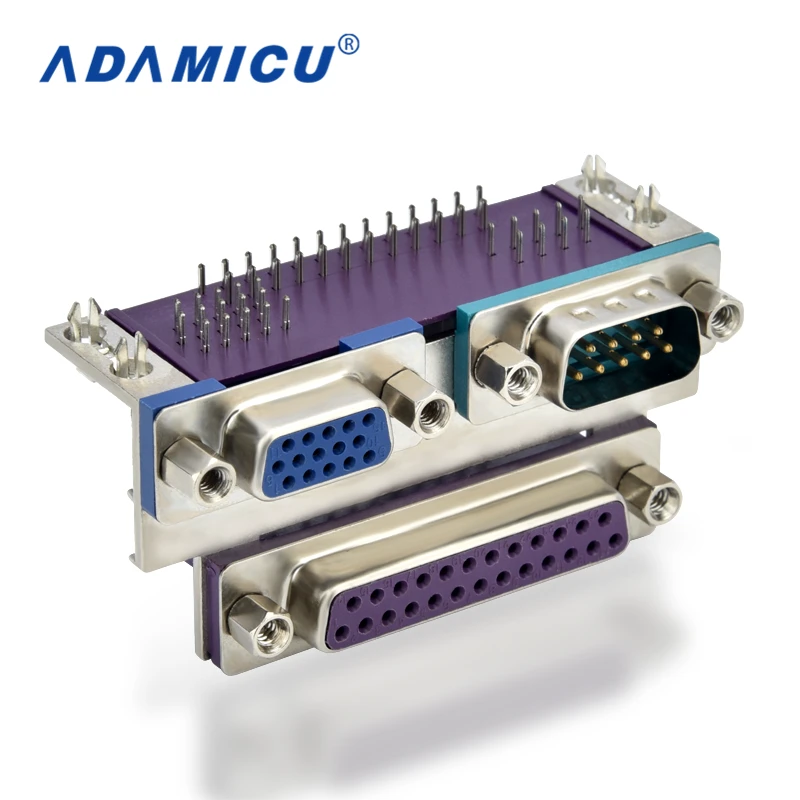 Dual Port Right Angle 9-Pin Male to 15-Pin Female to 25-Pin Female Stacked D-Sub Connector