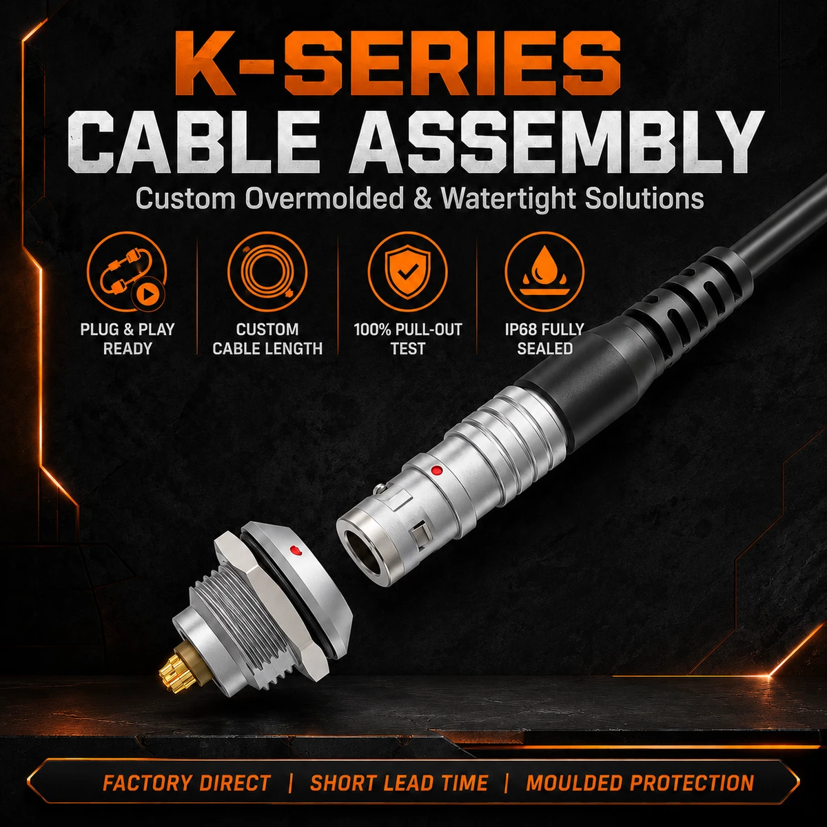 IP68 K Series Connector Cable Assembly FGG EGG Waterproof Circular Plug 2-26 Pin Custom Length For Industrial Sensor Probe