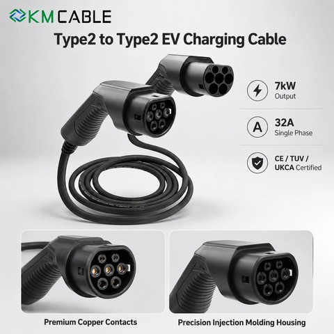 New Type 2 Portable EV Charging Cable 32A 7kW Adjustable IP67 TPU Sheath CE Certified Retail Packed for Online Sellers