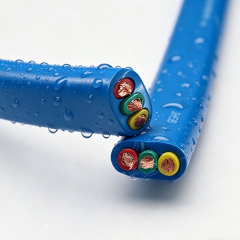 JHSB Flat Submersible Pump Cable 3x4/6/8AWG With Ground 1x8/10AWG Blue PUR Waterproof Power Wire for Deep Well Borehole Pump