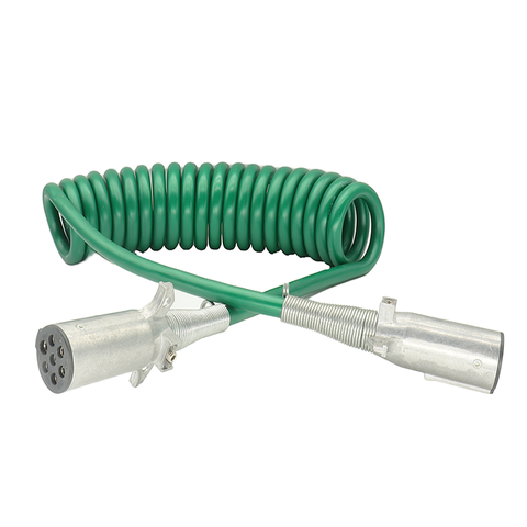 7 Way Coiled Trailer Cord 15 ft Green ABS Electrical Power Coil Heavy Duty Cable Power Wire for Semi Trucks Tractors
