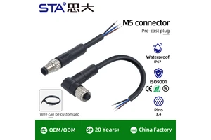 M5 IP67 Right Angle Straight 3 Pin 4pin Male Female Waterproof Sensor Connector PVC PUR Cable Leads