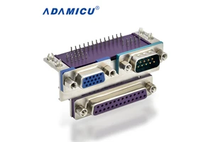 Dual Port Right Angle 9-Pin Male to 15-Pin Female to 25-Pin Female Stacked D-Sub Connector