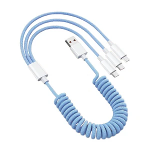 3 in 1 Flexible Spiral Coil Spring Charging Data Sync Cables for IPhone Xiaomi Oneplus Car Charger Cable