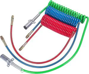 New High Quality 15FT Green 7 Way ABS Coiled Trailer Power Cable Assembly Kit Peterbilt Heavy Duty Model 320 (1986-1994) 100%