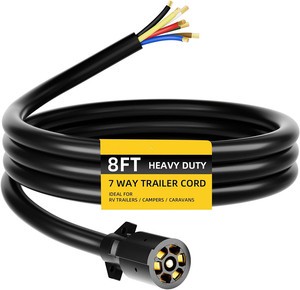 7 Way Copper Trailer Cord with 7 Gang Junction Box Weatherproof Wiring Harness 125V for RV Trailers and Campers 8FT