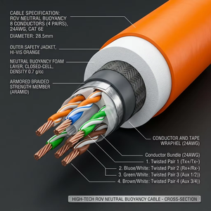 Neutral Buoyancy ROV Tether Cable 4-Pair 24/26AWG Twisted Pair IP68 5MPa 100Mbps/Gigabit Ethernet 150m/500m Reel