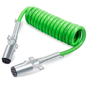 15 FT 7 Way Coiled ABS High Quality Electrical Power Cable Heavy Duty Green Trailer Replacement for Semi Trucks & Tractors Parts