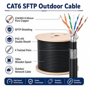 CAT6 Outdoor Industrial Ethernet Cable 0.56mm Pure Copper PVC+PE Double Sheath IP68 100m Wooden Spool Bulk Roll