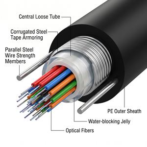 Zaweda 2 4 6 8 12 24 Core Single Mode Armored Outdoor Fiber Optic Cable GYXTW ISO/IEC 11801 -40~+70