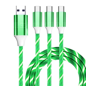 Factory 3-in-1 LED Glow Flowing Charging Cable with Micro USB Type-C Connectors Streaming LED for Mobile Phone & Power Bank