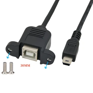 USB 2.0 B Female Socket to Mini USB 5p 5 Pin Male Cable Braid Shielded Data Cables for Camera and Computer Printer Panel Mount