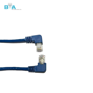 CAT6 FTP Shielded RJ45 Ethernet Cable 90 Degree Right Angle Dual Ferrite Cores 275mm Blue Patch Lead for Industrial Network