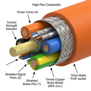 PrimePro 10M Cycles Comp Servo Pwr Cable | 3-in-1 Pwr+Sig+Brake | Hi-Flex SHLD PUR Drag | Orange RAL 2003 | Robotic & CNC Grade