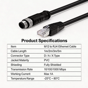 M12 to RJ45 Industrial Ethernet Cable IP67 Shielded Cat5e Cat6 for Sensor and PLC