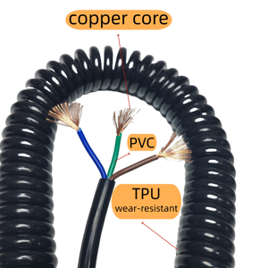 CE/RoHS for 3Core Spiral Spring Cable TPU Insulation 0.75mm 600V 20AWG Oil-Resistant IP65 +10000 Bending Cycles Building