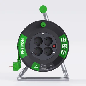 Pheiyon Heavy Duty 4-Socket Extension Reel 30M 16A GS CE Schuko Thermo Cut-Out Iron Stand for Building Site Industrial Workshop