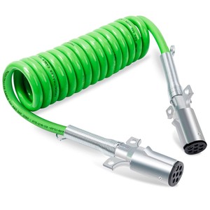 7 Way 7 Pin Coiled Trailer Cord 15 FT Green ABS Electrical Power Coil Heavy Duty Cable Wire For Semi Trucks Tractors