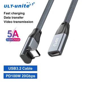 ULT-unite Elbow Design Male/Female USB Type-C Extension Cable 20Gbps 20V 5A 100W USB3.1/USB3.2 PVC Material 1m for Camera Use