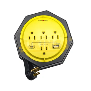 12ft 15A 125V Circuit Breaker Extension Power Cord Reel 4-Outlets 1-USB Power Strip 1000J Surge Protect SJT Copper Wire PVC