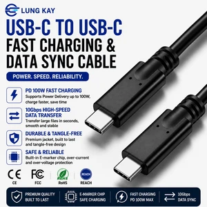 LUNG KAY 100W USB-C to USB-C Cable 5Gbps USB 3.1 Gen 1 Full Function PD Fast Charging PVC Cord for Laptop MacBook iPad