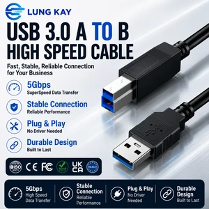 LUNG KAY USB 3.0 Type A To B Printer Cable 5Gbps Double Shielded 28/24AWG Data Connection Cord For Scanner HP Canon OEM