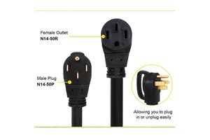 25FT 50A Nema 14-50P/R Electrical Plug Extension Cord EV Charging RV Trailer Campers Outdoor Use Copper Material 125V Rated