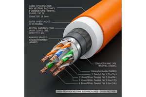 Neutral Buoyancy ROV Tether Cable 4-Pair 24/26AWG Twisted Pair IP68 5MPa 100Mbps/Gigabit Ethernet 150m/500m Reel