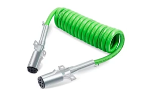 15 FT 7 Way Coiled ABS High Quality Electrical Power Cable Heavy Duty Green Trailer Replacement for Semi Trucks & Tractors Parts