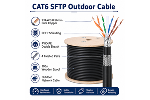 CAT6 SFTP Outdoor Ethernet Cable 0.56mm Pure Copper PVC+PE Double Sheath Network Cable 100m Wooden Spool Bulk Roll