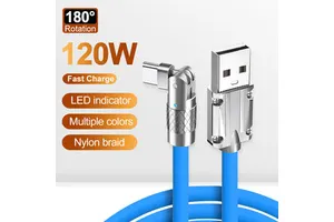 120w 6A Super Fast Charging Cable Usb to Type C Quick Charge Zinc Alloy Silicone Data Cable 180 Degree Rotatable Cord