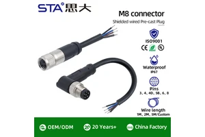 M8 Shielded Cable Connector Male Female Molding Aviation Plug 3 4 5 6 8 Pin Straight /Right Angled PVC TPU 1M 5M Extension Wire