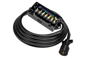 TC7-8W Heavy Duty 7 Way Plug Trailer Cord with 7 Gang Junction Box - 8 Feet Weatherproof Trailer Connector Cable Wiring Harness