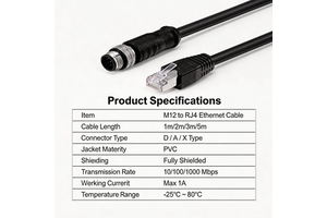 M12 to RJ45 Industrial Ethernet Cable IP67 Shielded Cat5e Cat6 for Sensor and PLC