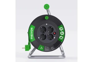 Pheiyon Heavy Duty 4-Socket Extension Reel 30M 16A GS CE Schuko Thermo Cut-Out Iron Stand for Building Site Industrial Workshop