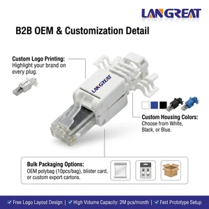Wholesale Cat6A UTP Tool Free RJ45 Plug No Crimp 10Gbps Reusable Snap Clip Transparent Body 50u Gold OEM ODM