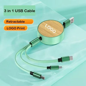 Retractable Multiple 3 In 1 USB Charging Cable Multi-Function Eco-Friendly Bamboo Charging Cord For Gift and Phone